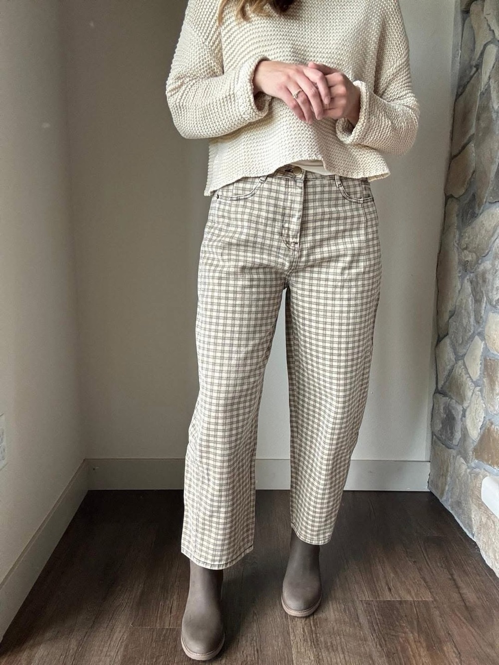 Barrel High-Rise Plaid Crop Pants - Cream Taupe